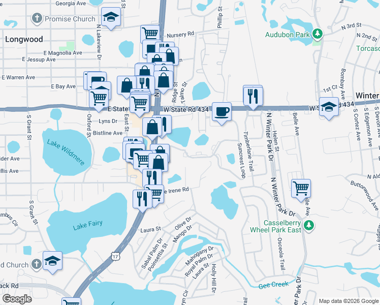 map of restaurants, bars, coffee shops, grocery stores, and more near 1454 Sunshadow Drive in Casselberry