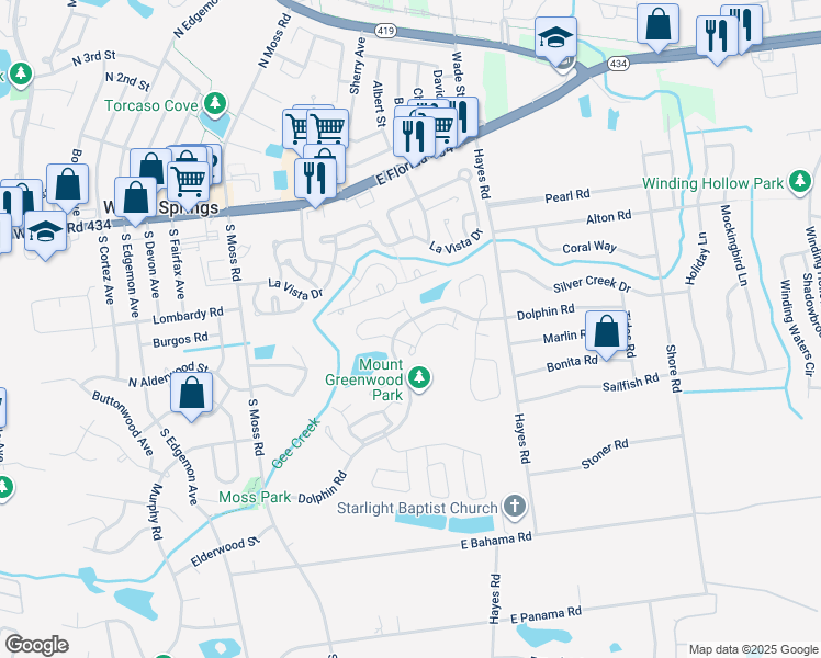 map of restaurants, bars, coffee shops, grocery stores, and more near 306 Woodgreen Lane in Winter Springs