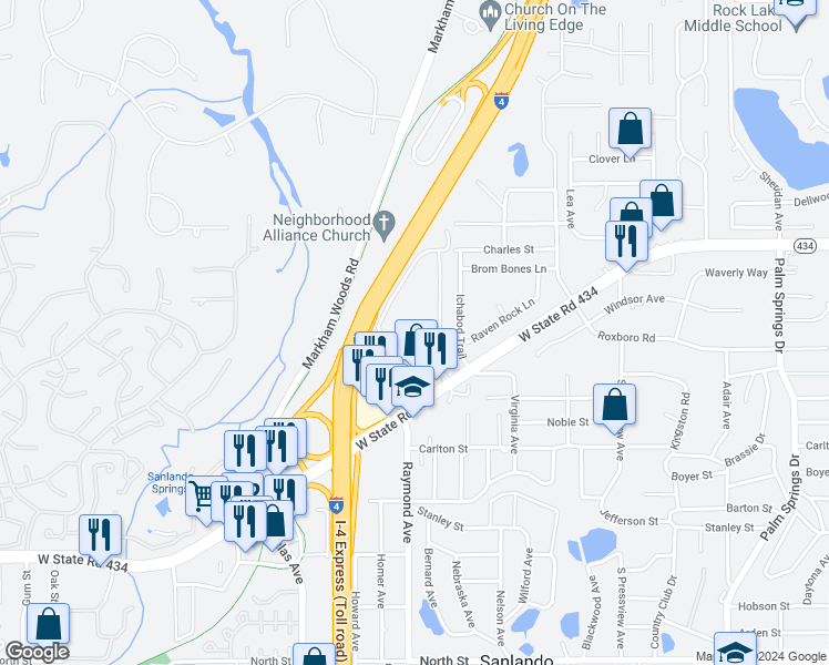 map of restaurants, bars, coffee shops, grocery stores, and more near 106 Springwood Circle in Longwood