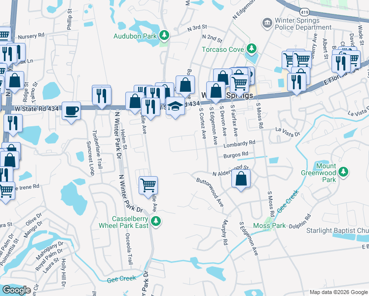 map of restaurants, bars, coffee shops, grocery stores, and more near 518 Lombardy Road in Winter Springs
