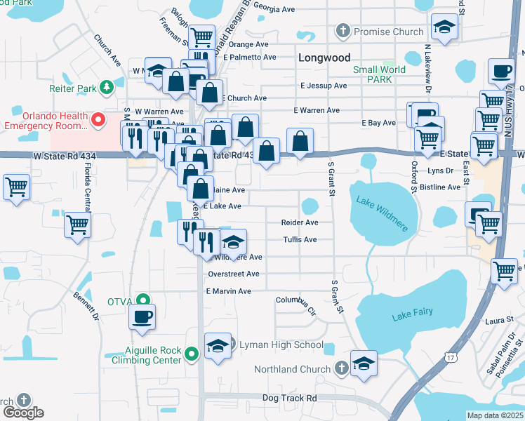 map of restaurants, bars, coffee shops, grocery stores, and more near 298 East Lake Avenue in Longwood