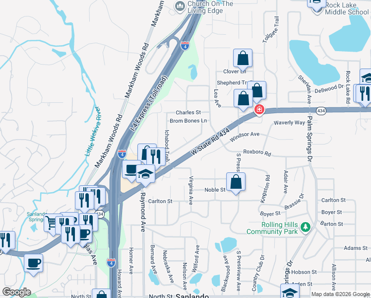map of restaurants, bars, coffee shops, grocery stores, and more near 311 Raven Rock Lane in Longwood