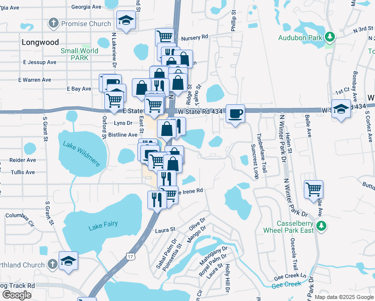 map of restaurants, bars, coffee shops, grocery stores, and more near 551 Sunbranch Lane in Casselberry