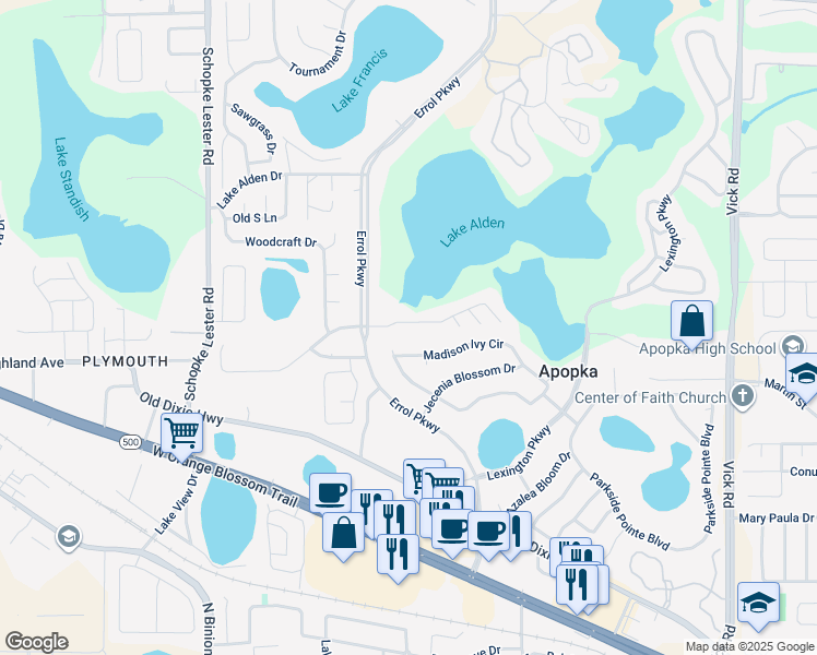 map of restaurants, bars, coffee shops, grocery stores, and more near 1724 Lake Marion Drive in Apopka