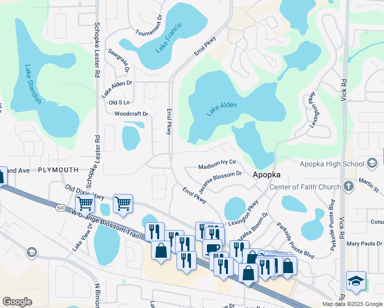 map of restaurants, bars, coffee shops, grocery stores, and more near 1724 Lake Marion Drive in Apopka