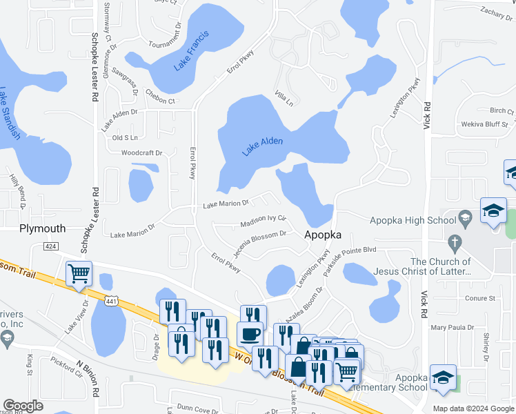 map of restaurants, bars, coffee shops, grocery stores, and more near 801 Hillside Drive in Apopka