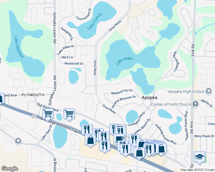 map of restaurants, bars, coffee shops, grocery stores, and more near 1724 Lake Marion Drive in Apopka