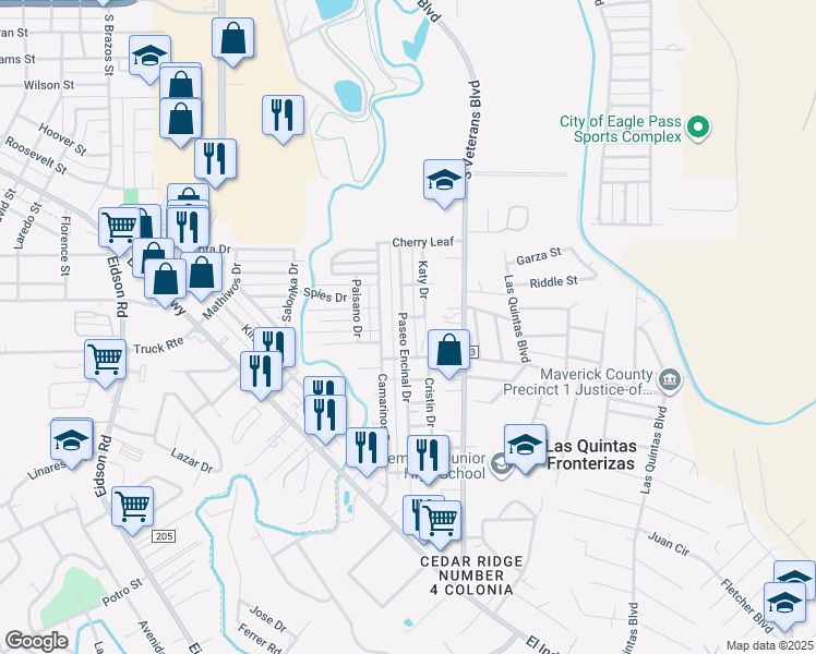 map of restaurants, bars, coffee shops, grocery stores, and more near 1415 Paseo Encinal Drive in Eagle Pass