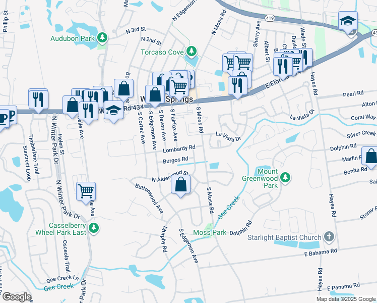 map of restaurants, bars, coffee shops, grocery stores, and more near 170 Lombardy Road in Winter Springs