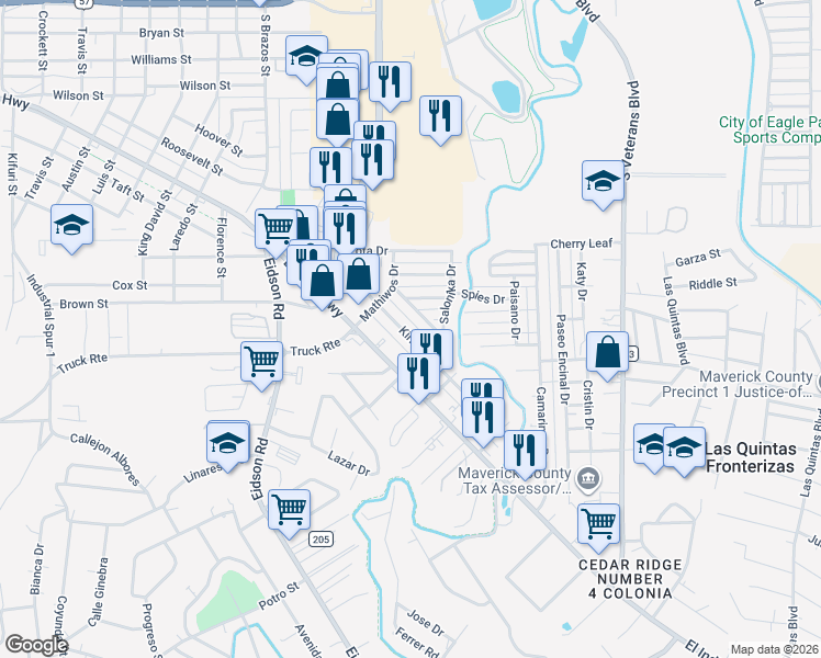 map of restaurants, bars, coffee shops, grocery stores, and more near 1117 Kiriaka Drive in Eagle Pass