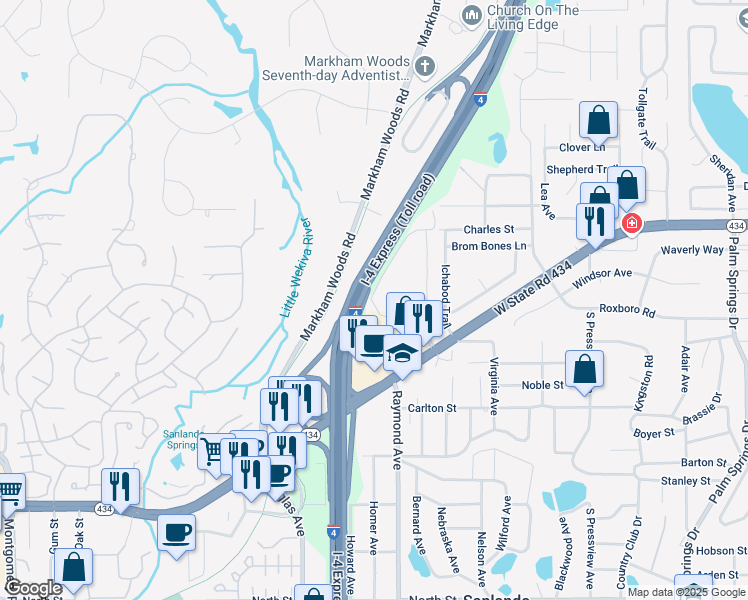 map of restaurants, bars, coffee shops, grocery stores, and more near 159 Springwood Circle in Longwood