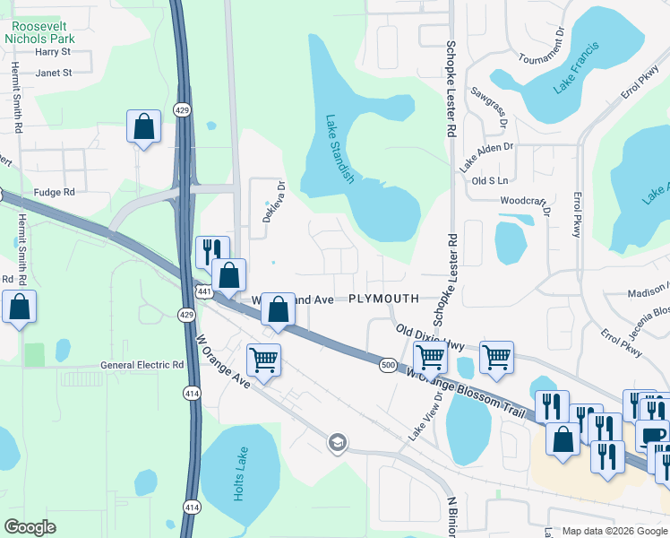 map of restaurants, bars, coffee shops, grocery stores, and more near 808 Leanore Lane in Apopka