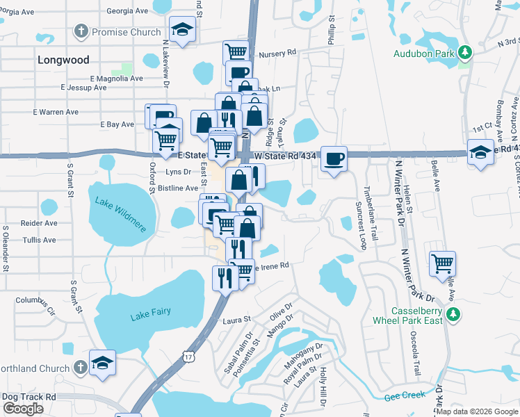 map of restaurants, bars, coffee shops, grocery stores, and more near 280 South US Highway 17 92 in Longwood