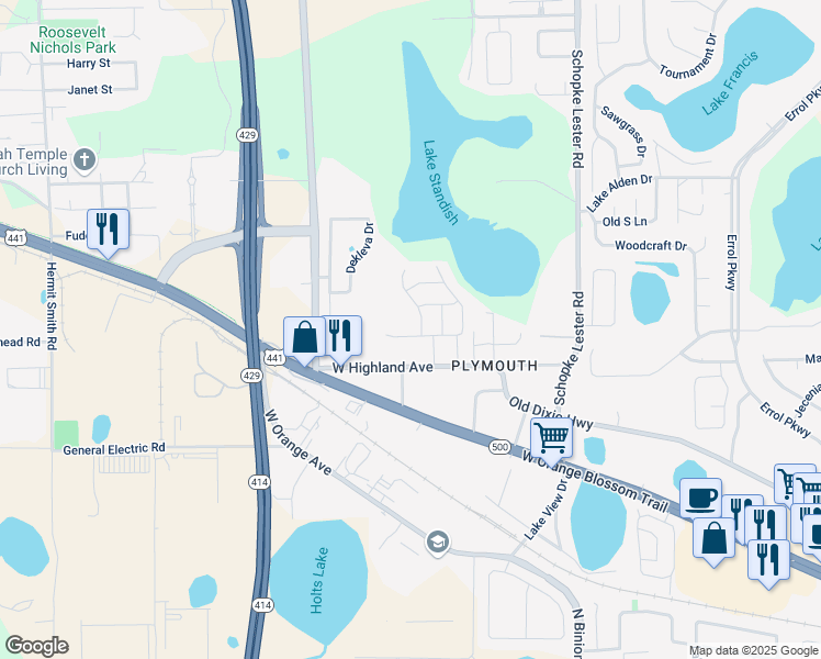 map of restaurants, bars, coffee shops, grocery stores, and more near 2709 Eldred Court in Apopka