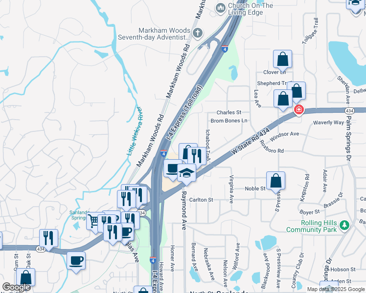 map of restaurants, bars, coffee shops, grocery stores, and more near 159 Springwood Circle in Longwood