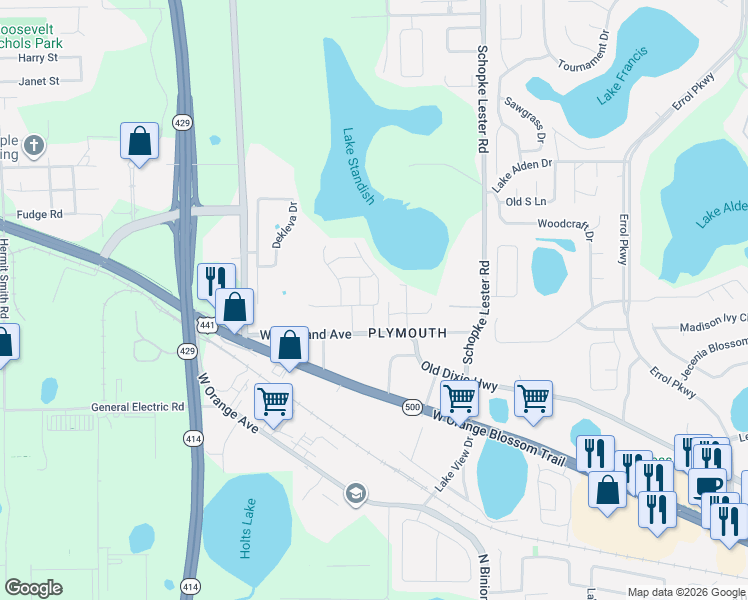 map of restaurants, bars, coffee shops, grocery stores, and more near 810 Hilly Bend Drive in Apopka