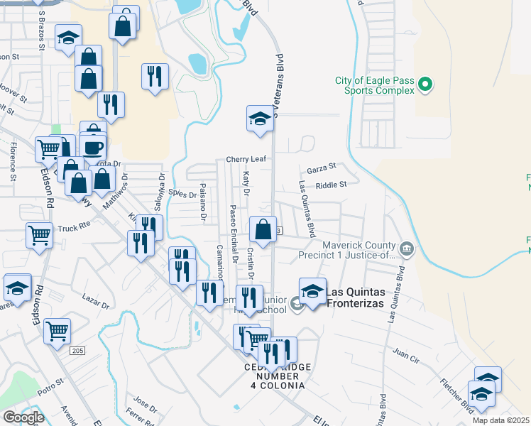 map of restaurants, bars, coffee shops, grocery stores, and more near 1577 South Veterans Boulevard in Eagle Pass