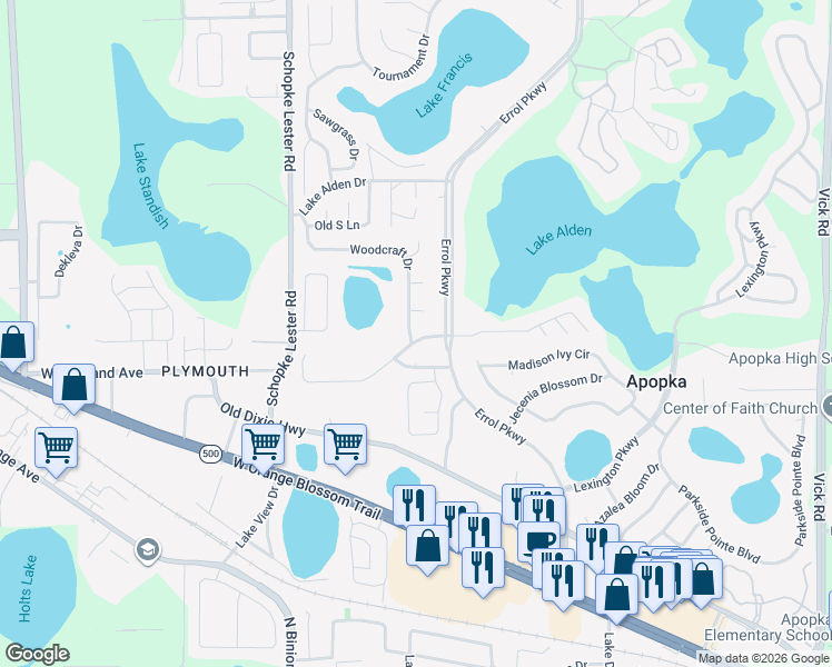 map of restaurants, bars, coffee shops, grocery stores, and more near 2081 Lake Marion Drive in Apopka