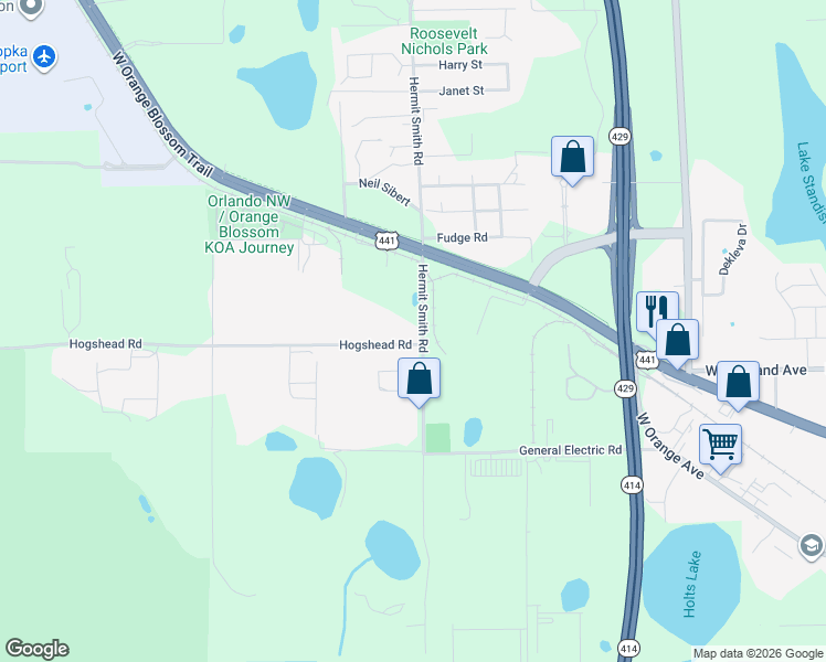 map of restaurants, bars, coffee shops, grocery stores, and more near 850 Hermit Smith Road in Apopka