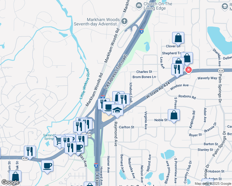 map of restaurants, bars, coffee shops, grocery stores, and more near 106 Springwood Circle in Longwood