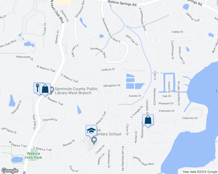 map of restaurants, bars, coffee shops, grocery stores, and more near 107 Albrighton Drive in Longwood