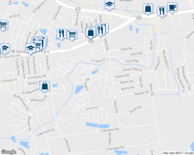 map of restaurants, bars, coffee shops, grocery stores, and more near 576 Green Spring Circle in Winter Springs