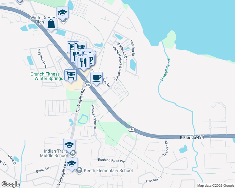 map of restaurants, bars, coffee shops, grocery stores, and more near 151 Michael Blake Boulevard in Winter Springs