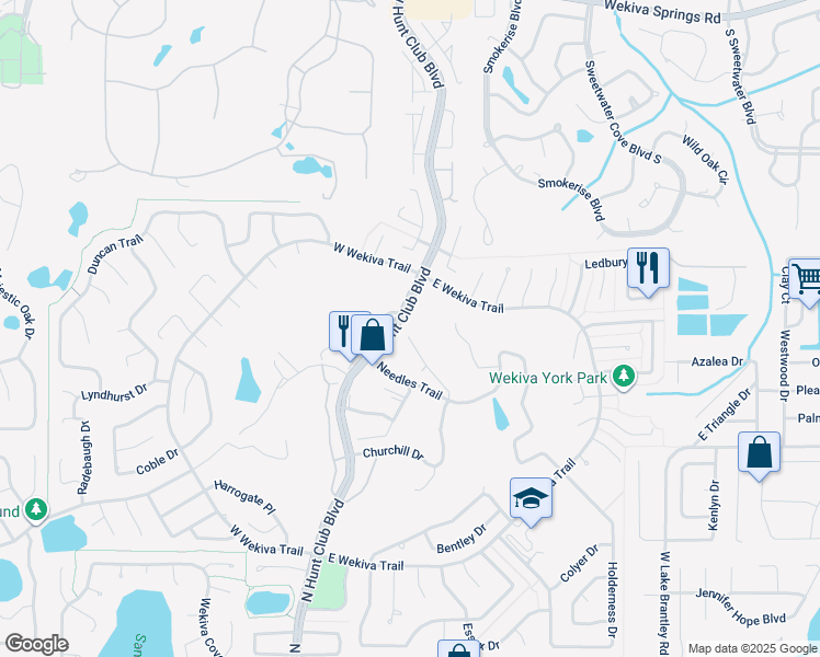 map of restaurants, bars, coffee shops, grocery stores, and more near 296 Churchill Drive in Longwood