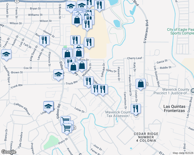 map of restaurants, bars, coffee shops, grocery stores, and more near 1117 Kiriaka Drive in Eagle Pass