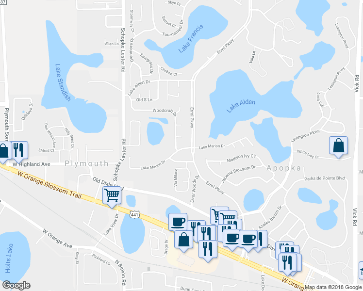 map of restaurants, bars, coffee shops, grocery stores, and more near 2071 Lake Marion Drive in Apopka
