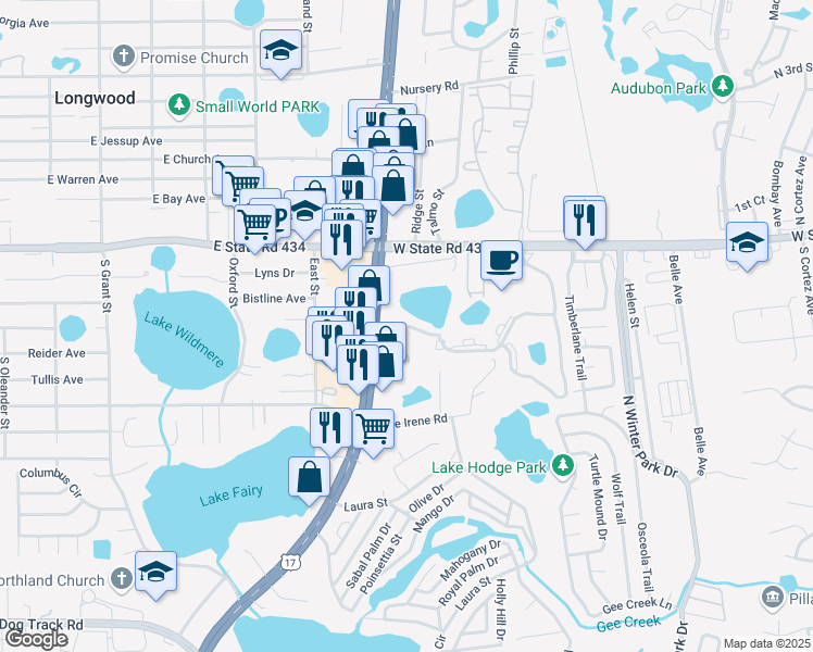 map of restaurants, bars, coffee shops, grocery stores, and more near Sunbranch Lane in Seminole County