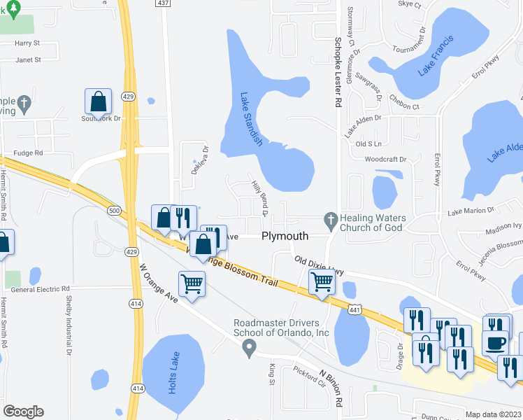 map of restaurants, bars, coffee shops, grocery stores, and more near 818 Hilly Bend Drive in Apopka