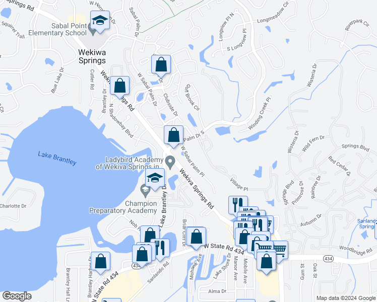 map of restaurants, bars, coffee shops, grocery stores, and more near 311 West Sabal Palm Drive in Longwood