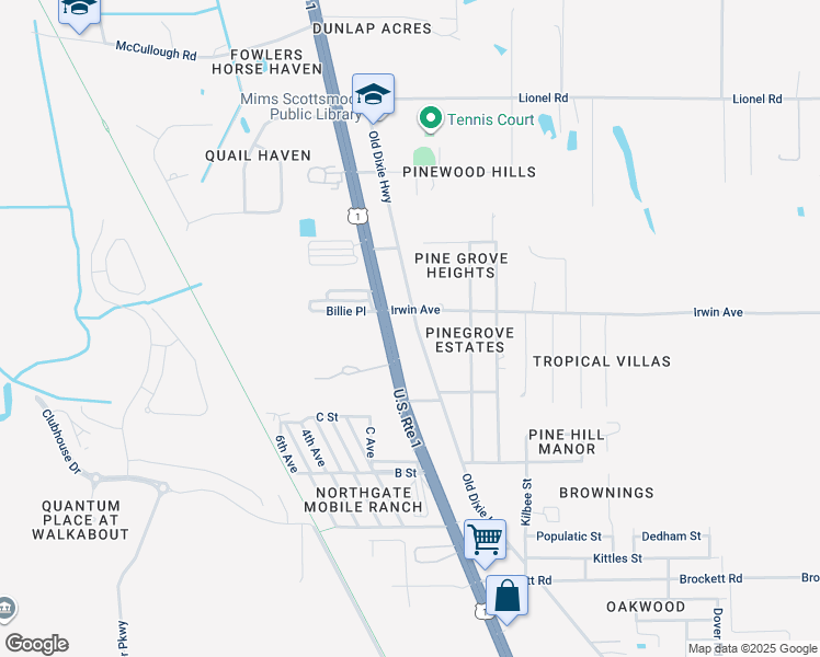 map of restaurants, bars, coffee shops, grocery stores, and more near 3490 Old Dixie Highway in Mims