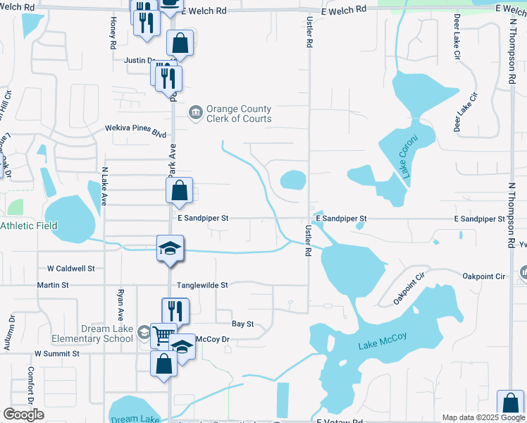 map of restaurants, bars, coffee shops, grocery stores, and more near 393 East Sandpiper Street in Apopka