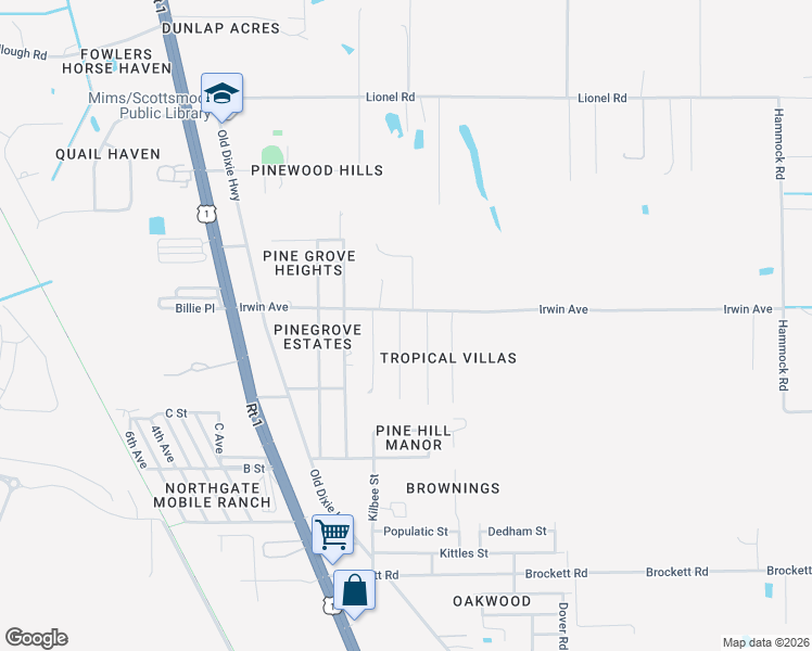 map of restaurants, bars, coffee shops, grocery stores, and more near 3483 Masek Avenue in Mims