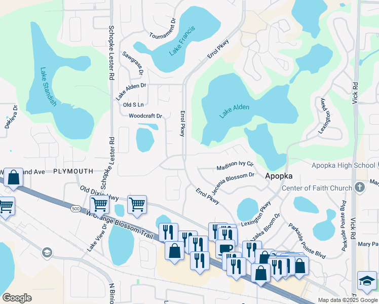 map of restaurants, bars, coffee shops, grocery stores, and more near 751 Errol Parkway in Apopka
