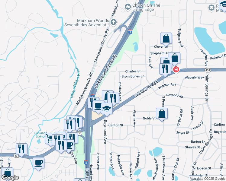 map of restaurants, bars, coffee shops, grocery stores, and more near 106 Springwood Circle in Longwood