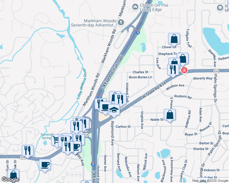 map of restaurants, bars, coffee shops, grocery stores, and more near 106 Springwood Circle in Longwood