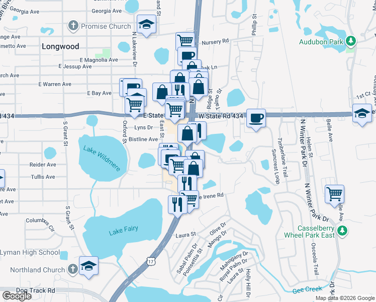 map of restaurants, bars, coffee shops, grocery stores, and more near 280 South US Highway 17 92 in Longwood