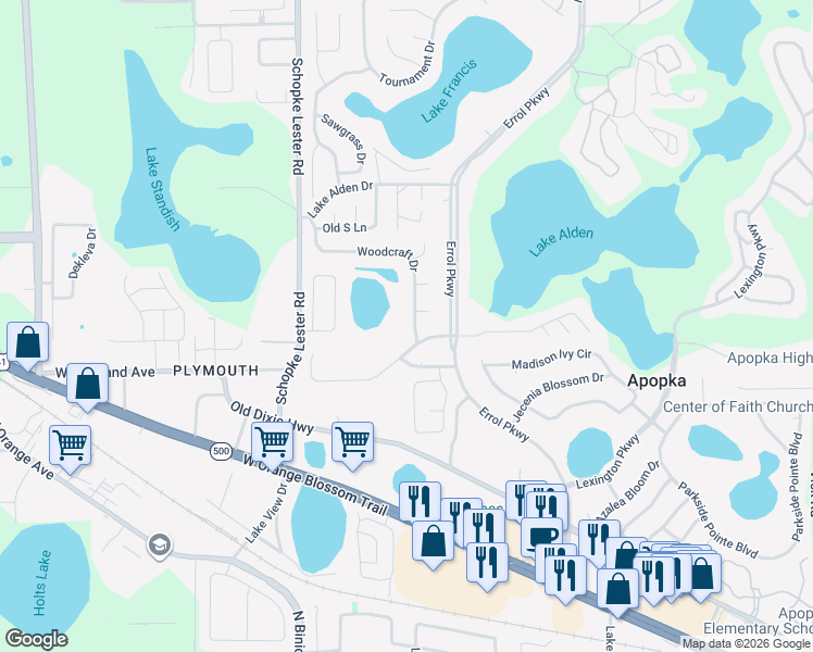 map of restaurants, bars, coffee shops, grocery stores, and more near 2081 Lake Marion Drive in Apopka