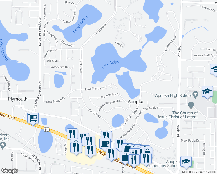 map of restaurants, bars, coffee shops, grocery stores, and more near 1546 Lake Marion Drive in Apopka