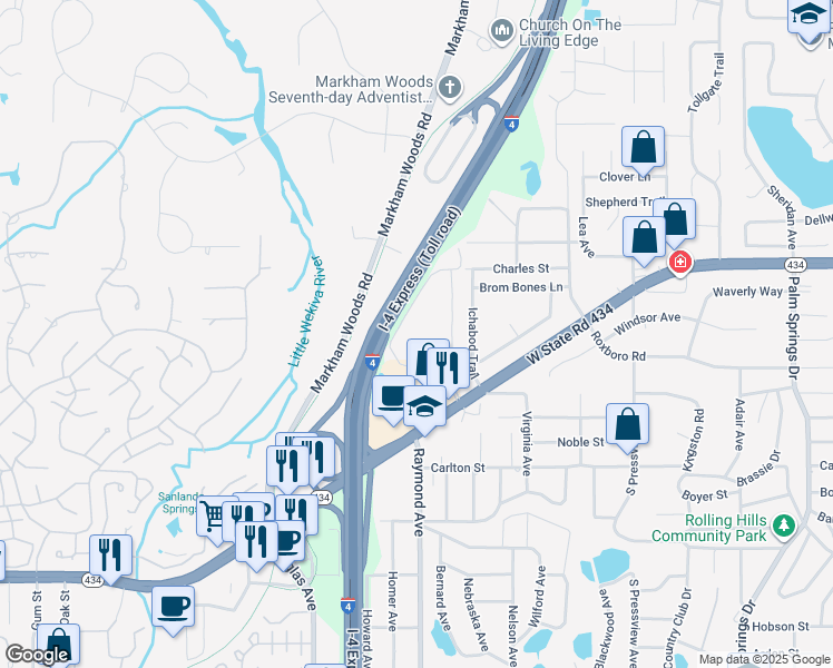 map of restaurants, bars, coffee shops, grocery stores, and more near 159 Springwood Circle in Longwood