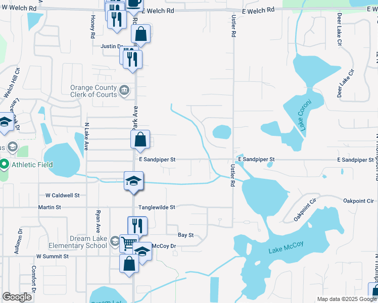 map of restaurants, bars, coffee shops, grocery stores, and more near 393 East Sandpiper Street in Apopka