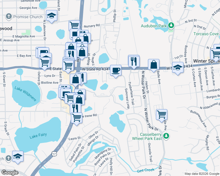 map of restaurants, bars, coffee shops, grocery stores, and more near 1478 Sunshadow Drive in Casselberry