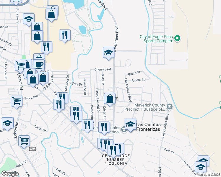 map of restaurants, bars, coffee shops, grocery stores, and more near 1577 South Veterans Boulevard in Eagle Pass