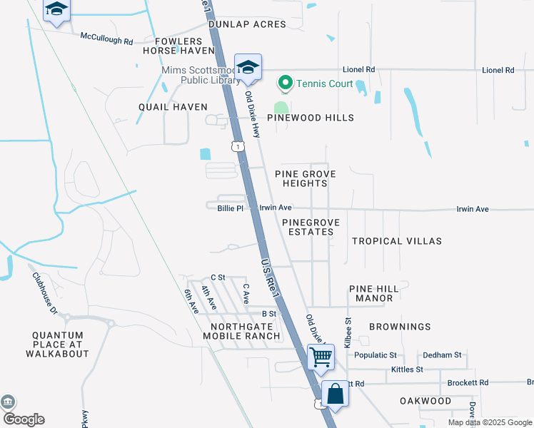 map of restaurants, bars, coffee shops, grocery stores, and more near 3490 Old Dixie Highway in Mims