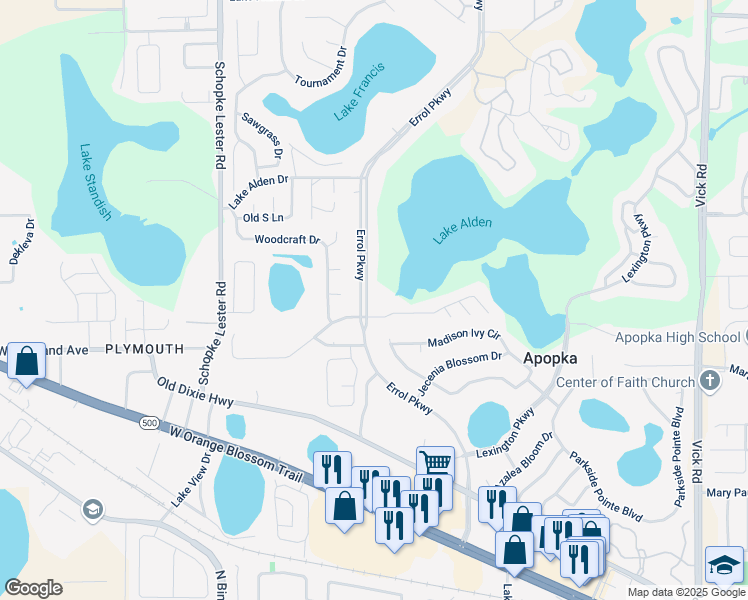 map of restaurants, bars, coffee shops, grocery stores, and more near 751 Errol Parkway in Apopka