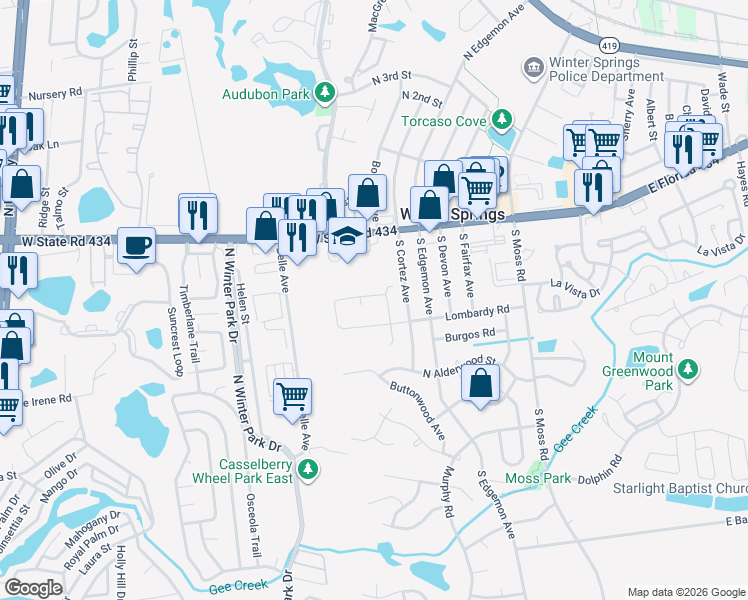 map of restaurants, bars, coffee shops, grocery stores, and more near 518 Lombardy Road in Winter Springs
