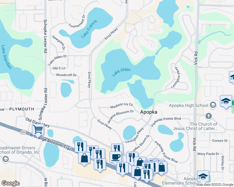 map of restaurants, bars, coffee shops, grocery stores, and more near 1551 Lake Marion Drive in Apopka